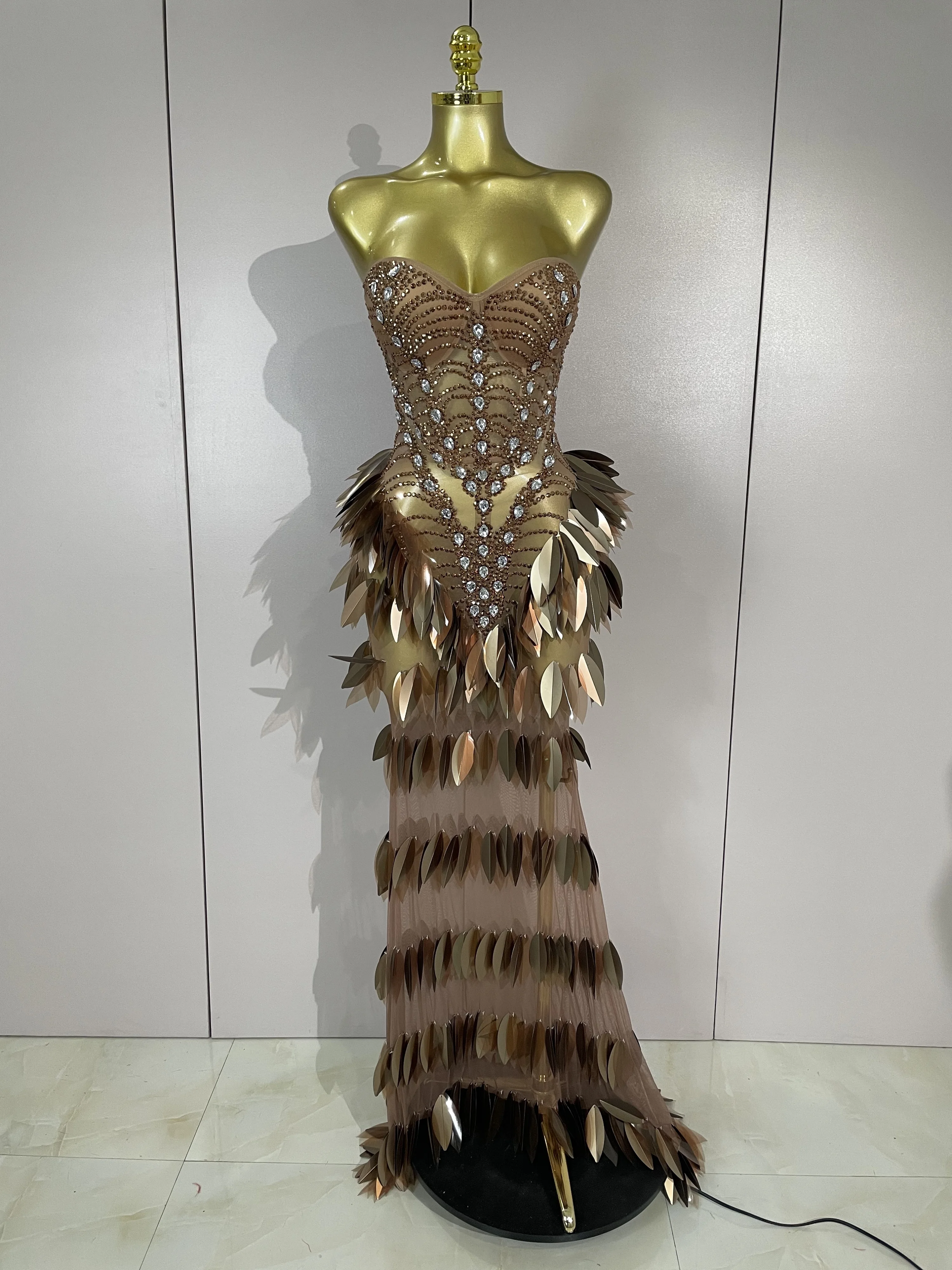 Sparkly Diamonds Leaf Strapless Mesh See Through Long Dress Birthday Evening Celebrate Party Nightclub Bar Show Sexy Stage Wear