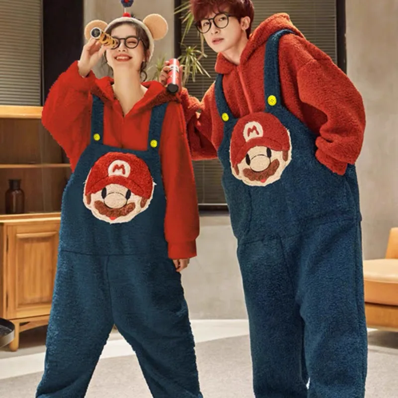 

Cartoon anime Super Mario pajamas, fashion cute girl couple coral fleece jumpsuit, autumn and winter warm home clothes