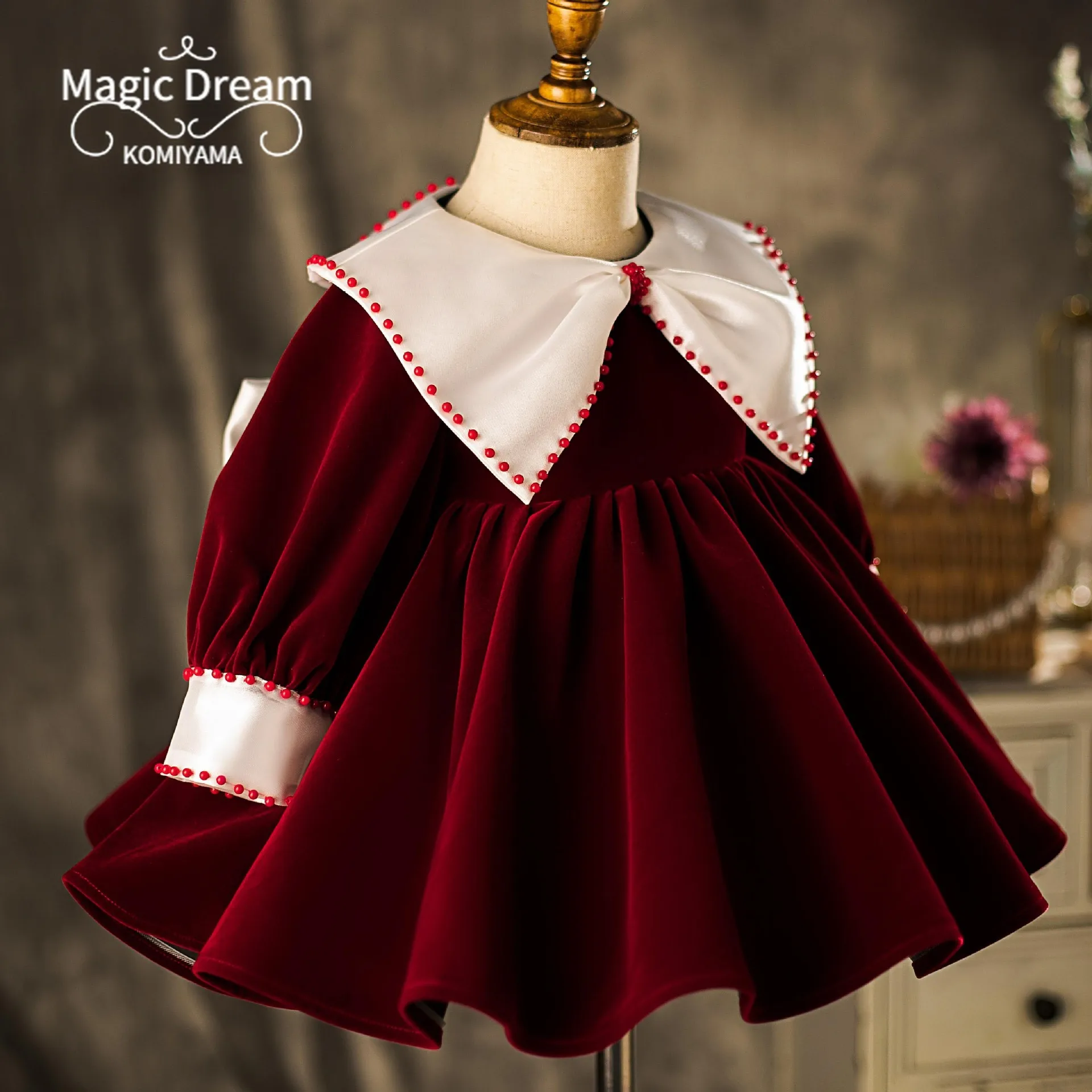 Customized Lapel Doll Collar Long Sleeve Elegant Kids Birthday Party Dresses Pleated Christmas Princess Vestidos Flower Girls Ro