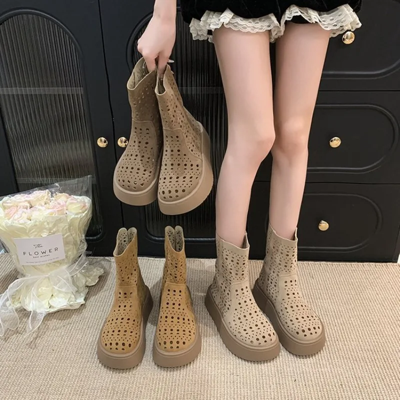 

2025 New Hot Selling Women Summer Suede Vintage Hollow Out Women Ankle Boots Anti-slip Fashion Breathable Platform Female Boots