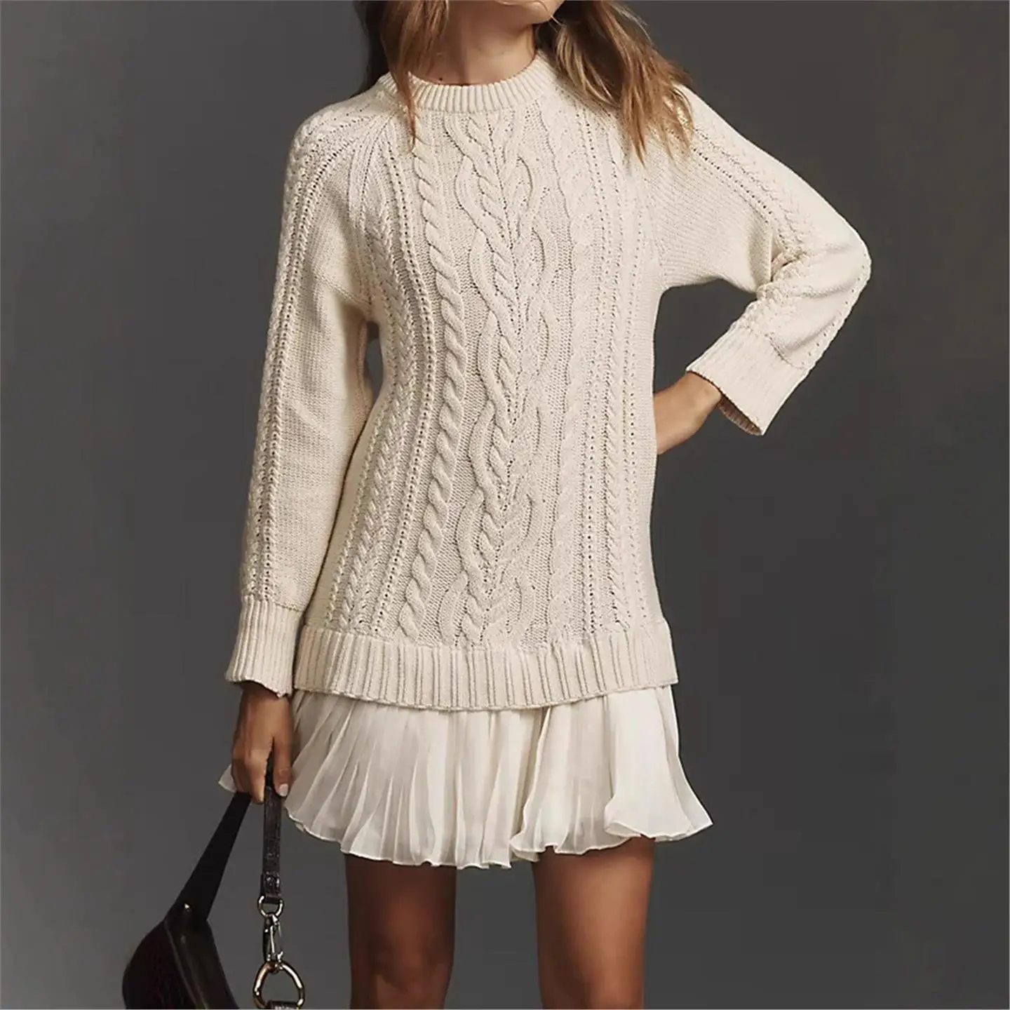 

Autumn Winter Women's Knitted Color Sweater ort Skirt Casual Splicing Fem Model Thi Long Sve Long Body