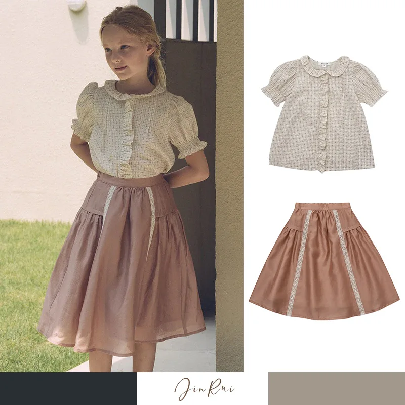 

louisiella 2025 spring and summer girls louisiella cross star cotton printed shirt set tencel cotton skirt set