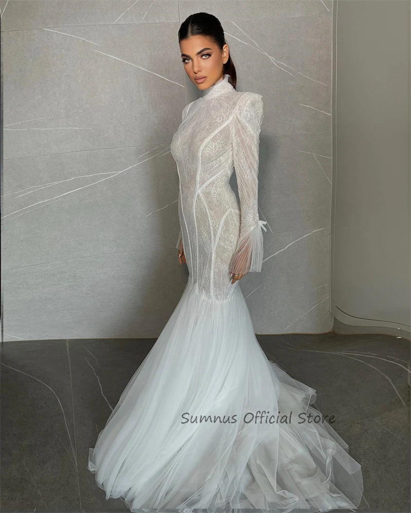 SUMNUS Luxury Lace Mermaid Wedding Dresses Full Sleeve Sexy Bride Dress Illusion Tulle Long Wedding Bridal Gowns Chic Customized