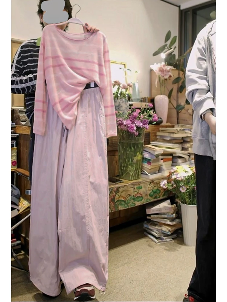 Summer 2026 Women's Fashion Set Loose Wide Leg Pants Long Sleeve Striped Color Block T-Shirt Two Piece Set Casual Style