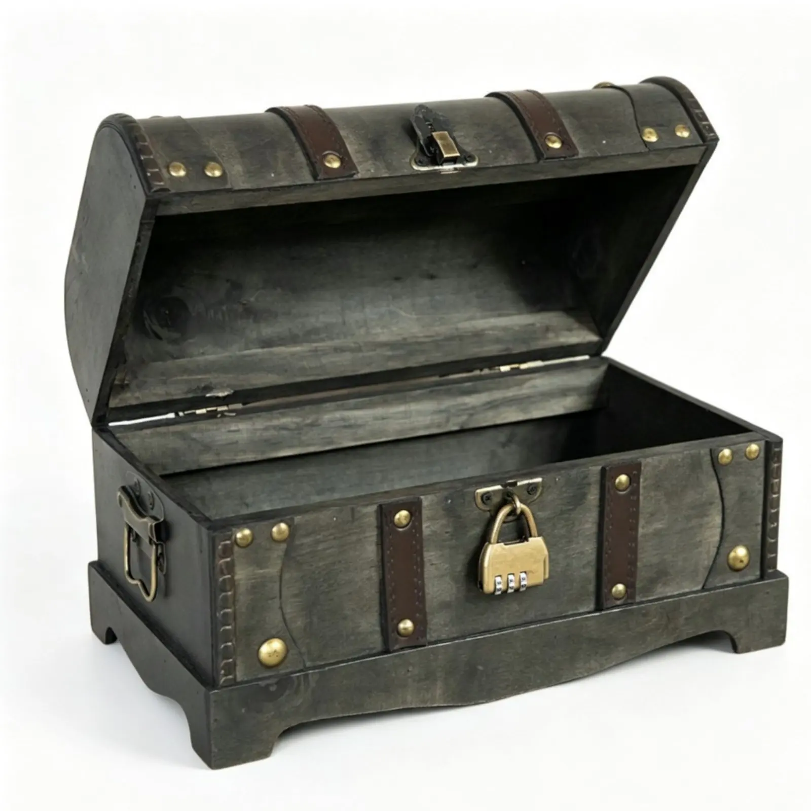 Decorative Wooden Chest Dark Gray Antique Look Chest Home Decor Curved Lid Brown Strap Bands