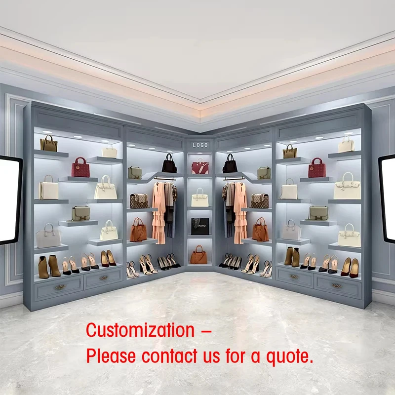 custom.Wooden Handbag Clothing Display Stand LED Lighting Glass Back Heavy Duty Customizable Dimensions Showroom
