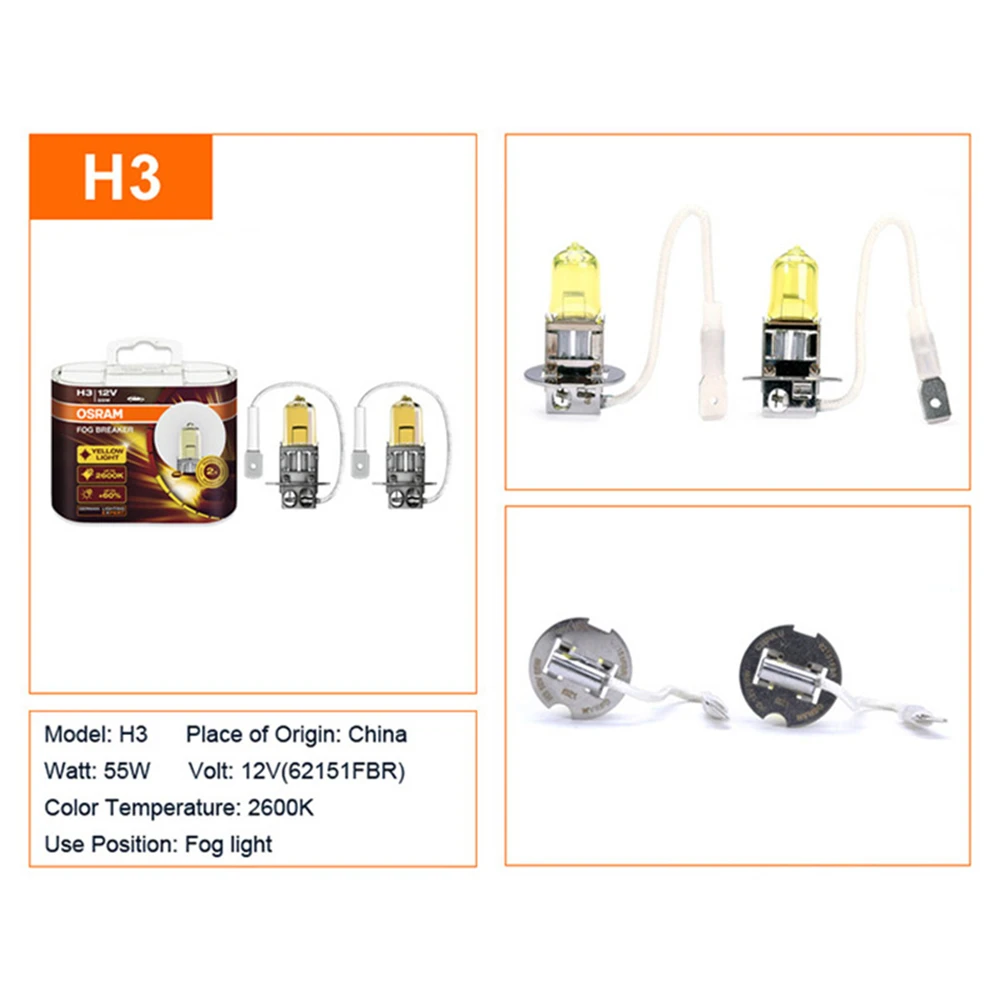 OSRAM FOG BREAKER H3 62151FBR Pk22s Headlight 12V 55W 2600K +200% Yellow Fog Light +60% Bright Car Halogen Lamps (Pair)