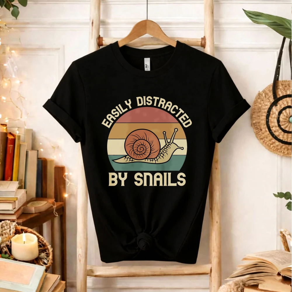 Retro Vintage Snail Print T-shirt Easily Distracted By Snails Funny Short Sleeve Cotton Casual Tee Gift Snail Enthusiast Women