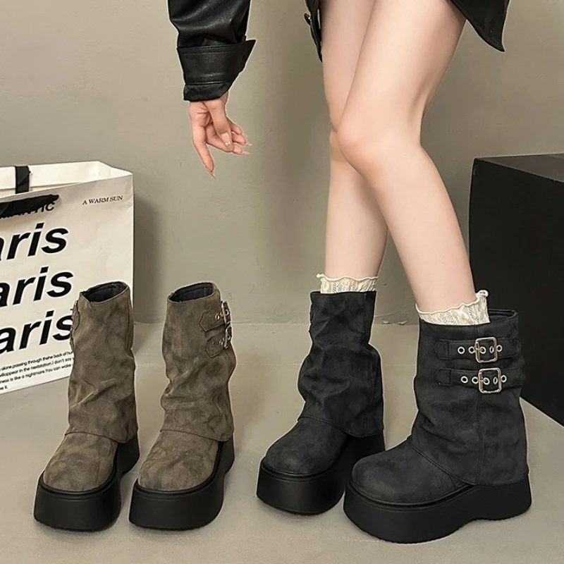 Punk Women Platform Mid Calf Boots Double Buckle Slouchy Thick Sole Short Boots Autumn Winter Ladies Warm Lined Daily Booties
