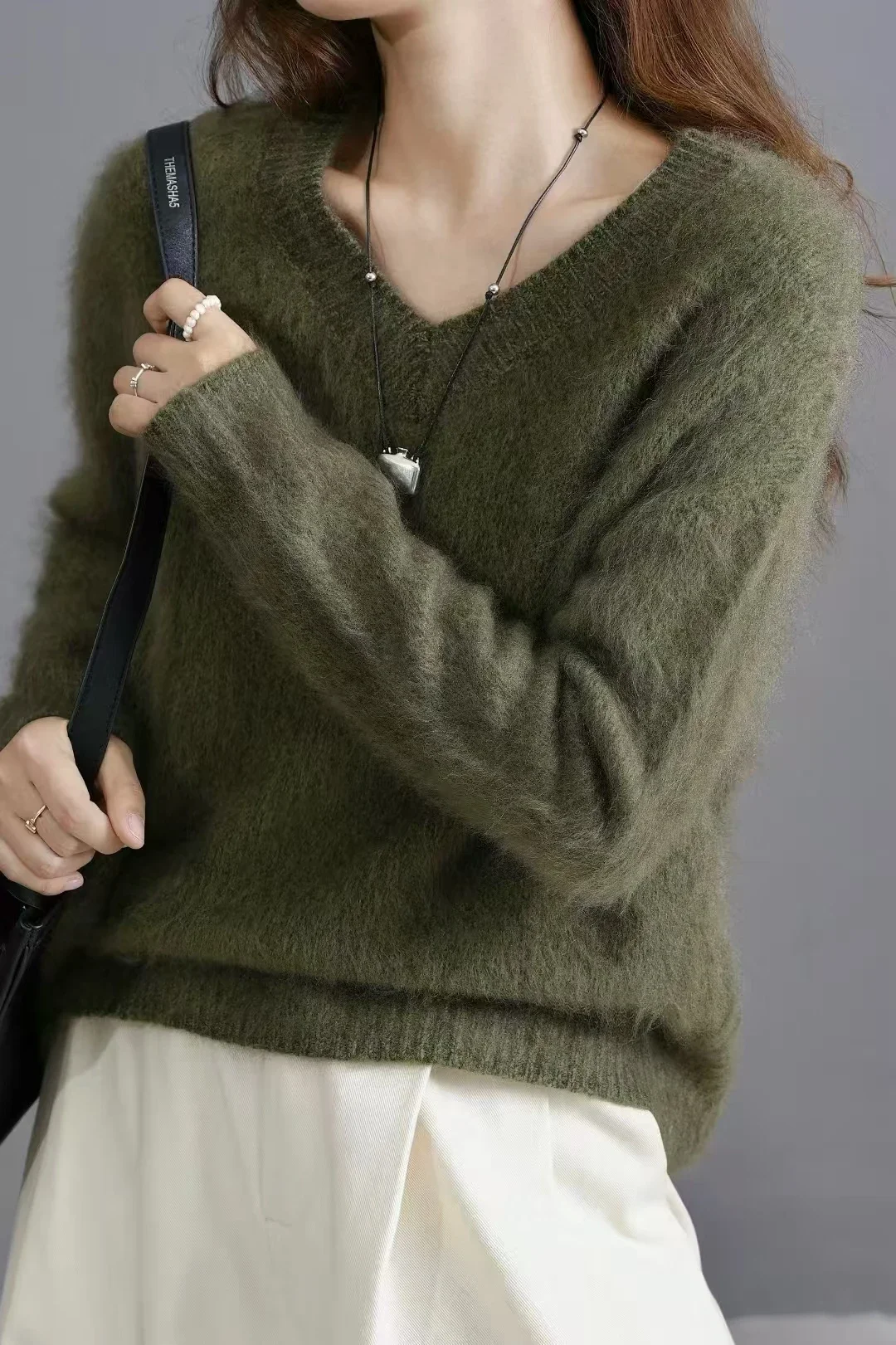 American Retro Women's Pullover Sweater Autumn Winter 100% Merino Wool Sweater Brushed Clothes V-Neck Korean Flower Gauze Knit