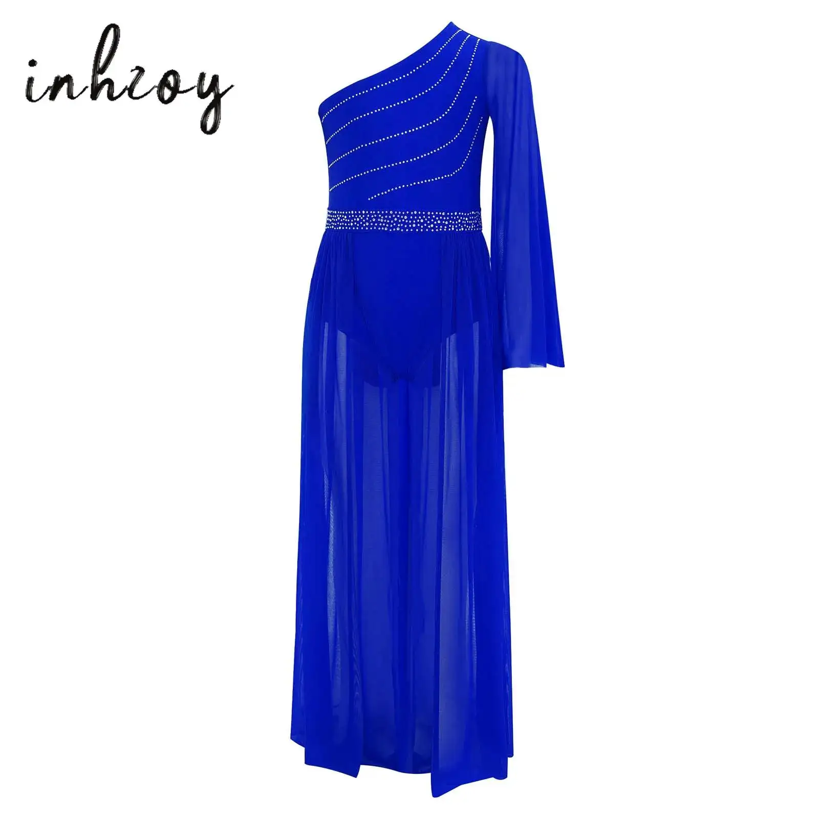 

Kids Girls Lyrical Dance Dress One Shoulder Sheer Mesh Flared Sleeve Cutout Shiny Rhinestones Flowy Split Dress Ballet Dancewear