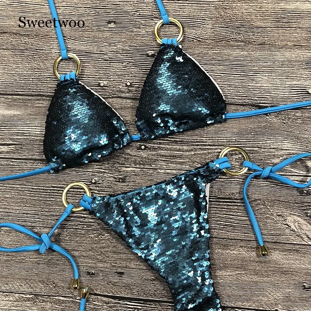 Solid Bikini Sexy Swimsuit Halter Swimwear Bathing Suit Women Bling Sequin Bikini Set Beach Wear Dropshipping Monokini Glitter