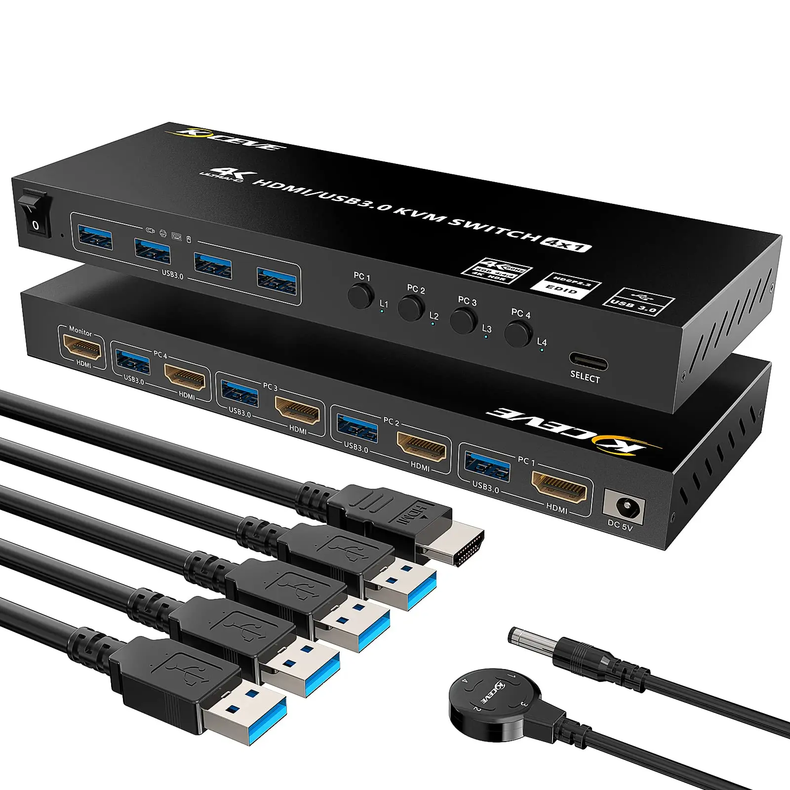 4 Port Support USB 3.0 KVM Switch, USB Hub HDR EDID HDMI USB Switch 4 in 1 Out and 4 USB 3.0 Port for Keyboard Mouse Print