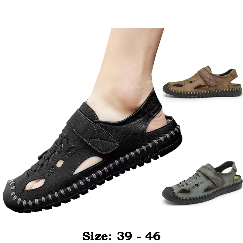 

Высококачественные кожаные сандалии на плоской подошве для мужчин с круглым носком, новинка лета 2025 года, размер 45, 46, повседневная обувь для прогулок на открытом воздухе, большой размер, цвета хаки, зеленый цвет