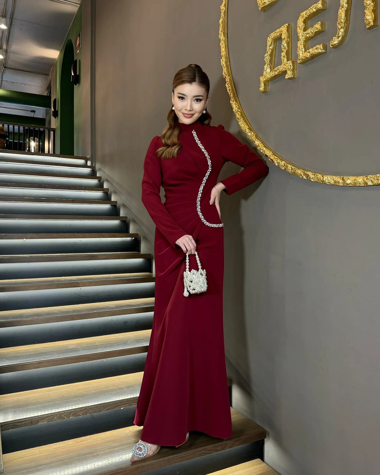 

Customized Mermaid Long Sleeves Prom Dresses High Neck Party Pleated Beadings Evening Dresses Floor Length Party Dresses