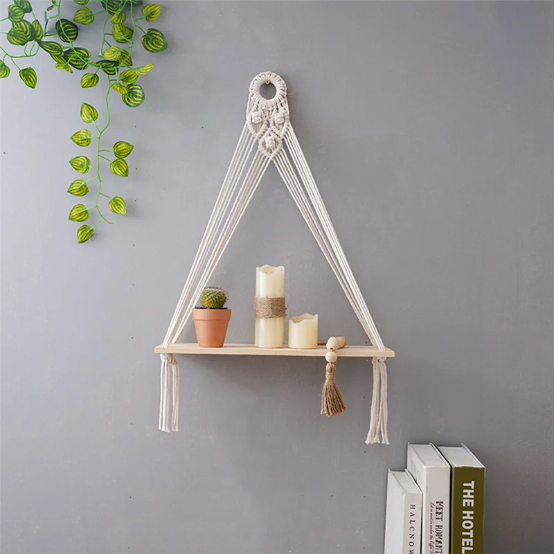 AK25-2PCS Hanging Shelf Boho Handmade Bohemian Wooden Plants Floating Rope Shelves Decorative Holder