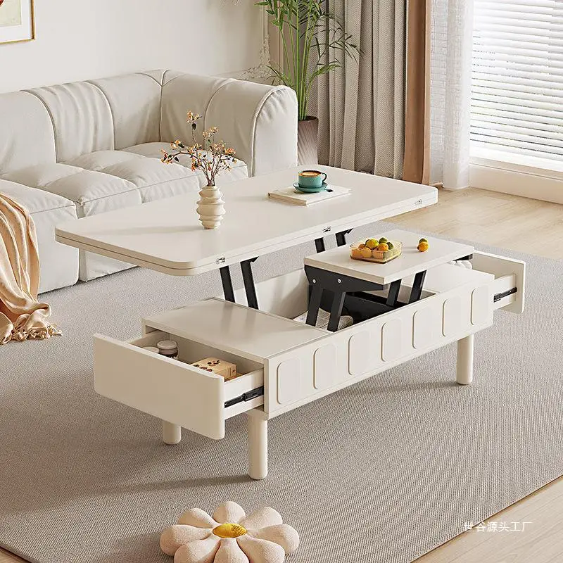 

Cream style coffee table, TV cabinet combination, modern small living room, multi-functional lifting folding table, desk in one