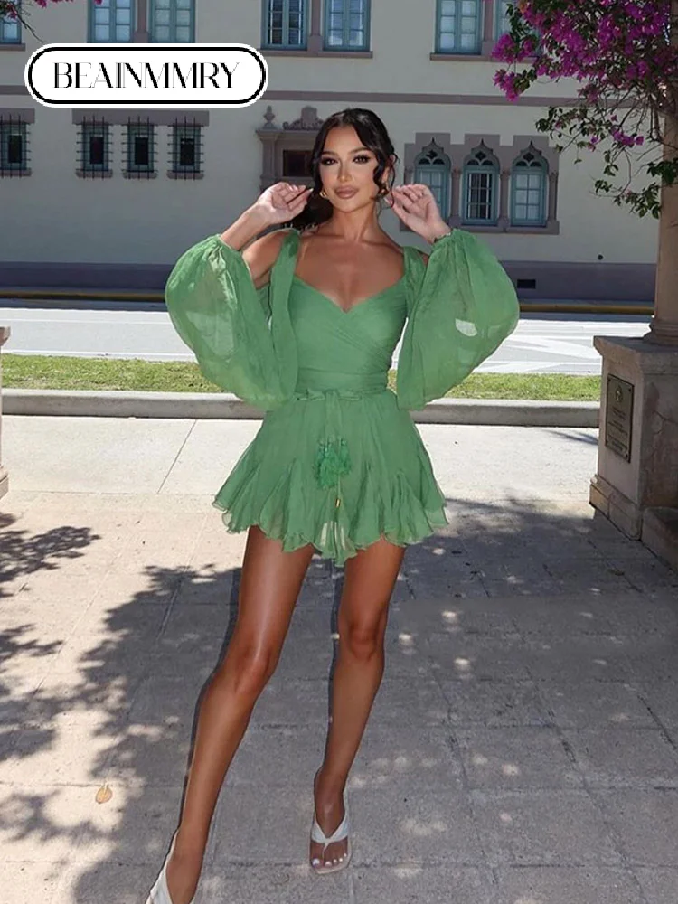 Vintage Green Chiffon Ruffles V-neck Mini Dresses Fashion Full Sleeves High Waist Pleated Hem Dress Women Night Party Vestidos