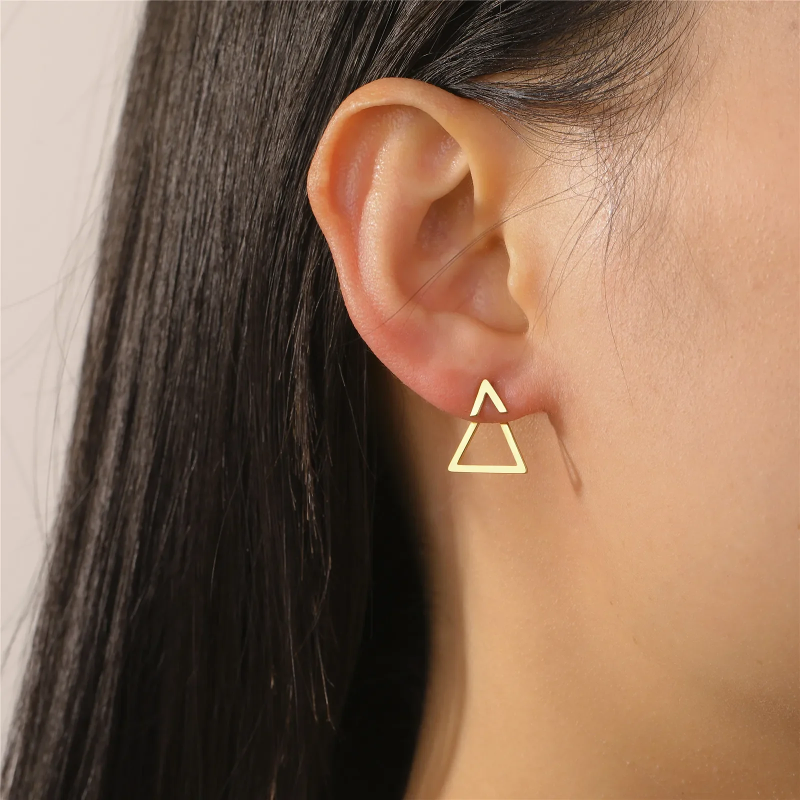 Square‑Triangle‑Geometric‑Shape Gold‑Tone Stainless‑Steel Stud‑Earrings for Women, Minimalist Trendy Piercing Jewelry, Ideal Occasion Gift for Her