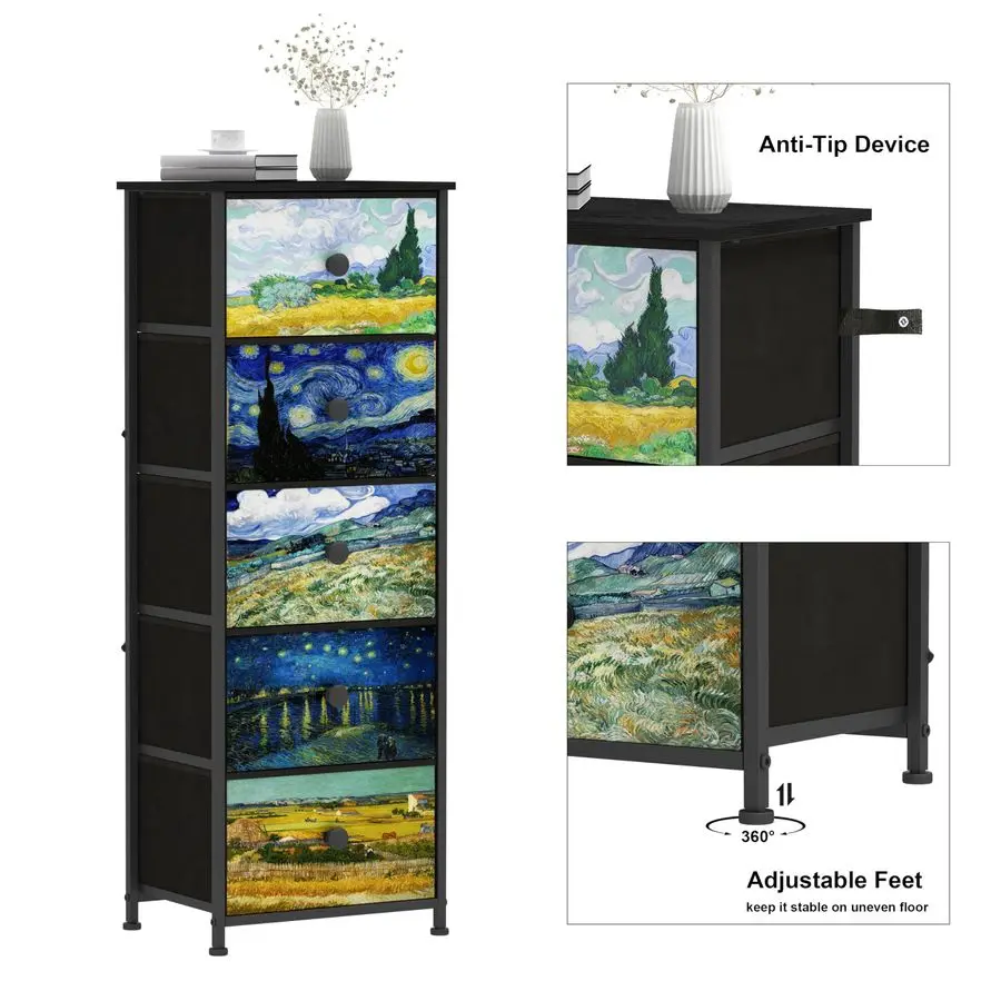 ตู้ข้างเตียงทรงสูงแคบ 5 ลิ้นชัก ลายแวนโก๊ะ สำหรับห้องนอน ตู้เก็บของผ้าสำหรับห้องนั่งเล่น ทางเข้าบ้าน และโถงทางเดิน