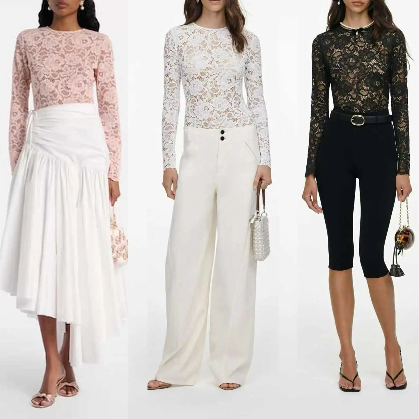 Women Sheer Floral Lace Bodysuit, Round Neck Long Sleeve Slim Fit See Through Layering Body Top