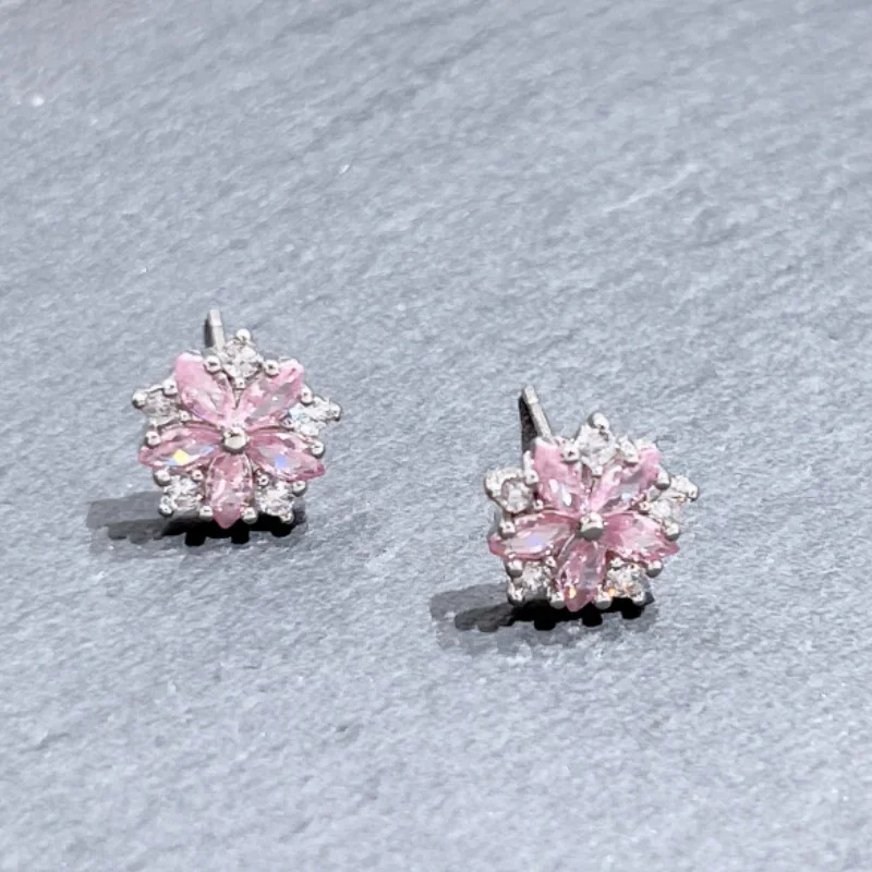 Pink Diamonds Cherry Blossom Earrings With Simple and Sweet Temperament, Small Flower Earrings, Female Commuter Student Earrings