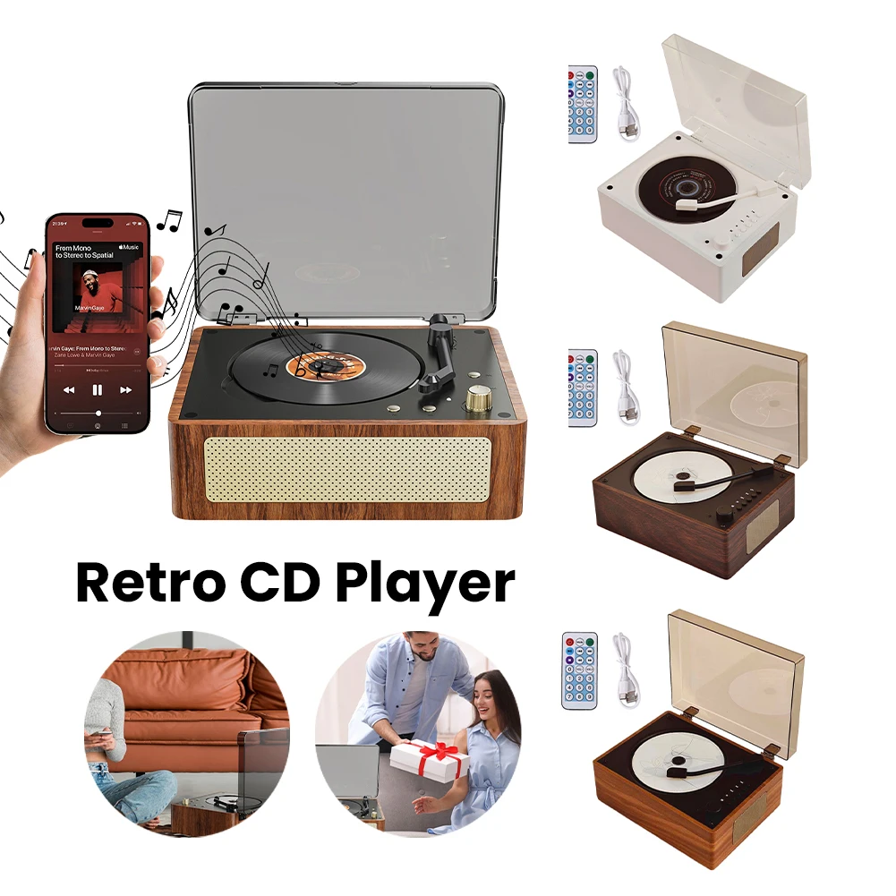 Vintage Leather CD Player Two-way Bluetooth 5.0 Built-in Speaker Portable Rechargeable Support CD BT USB 3.5mm AUX Home Decor