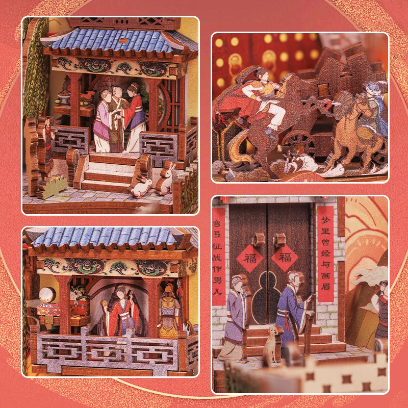DIY Wooden Book Nook Kit – Chinese Style "Legend of Mulan" Bookshelf Insert with LED Lighting and Dust Cover 6