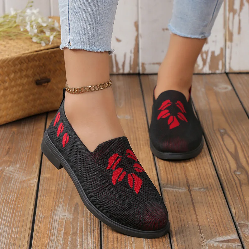 Leisure Women's Loafers Fashion Print Slip on Square Heels Round Toe Breathable Lazy Mesh Shoes Spring Autumn Daily Ladies Shoes