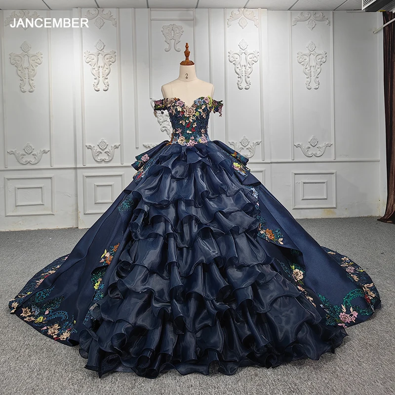 Jancember Elegant Blue Quinceanera Dress Strapless Pattern Ball Gown With Floral Print DY9996 vestito da ragazza di fiori