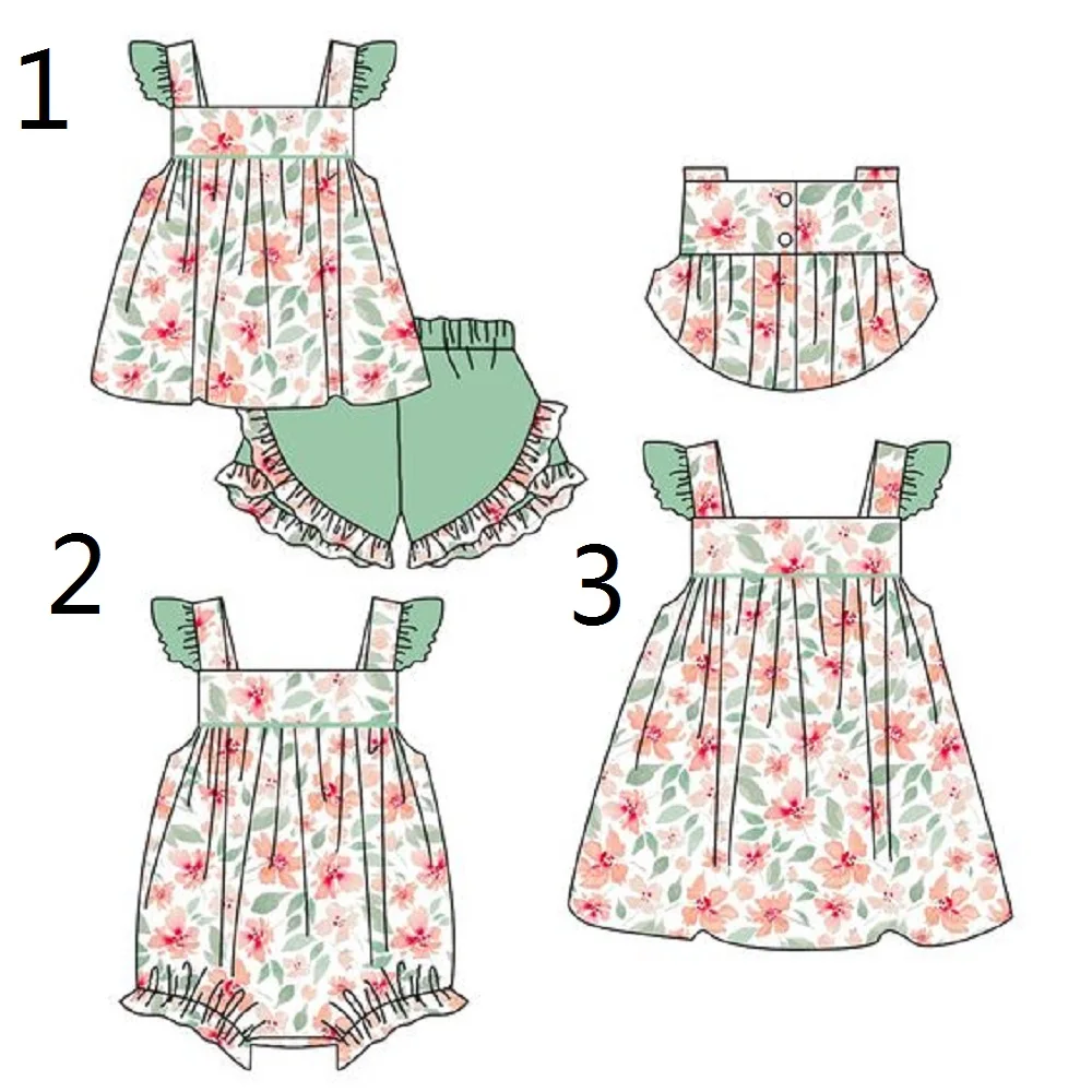 

Red Flower Print Girls Summer Flutter Square Neck Short Sleeve Green Shorts Boutique Suits and Dresses