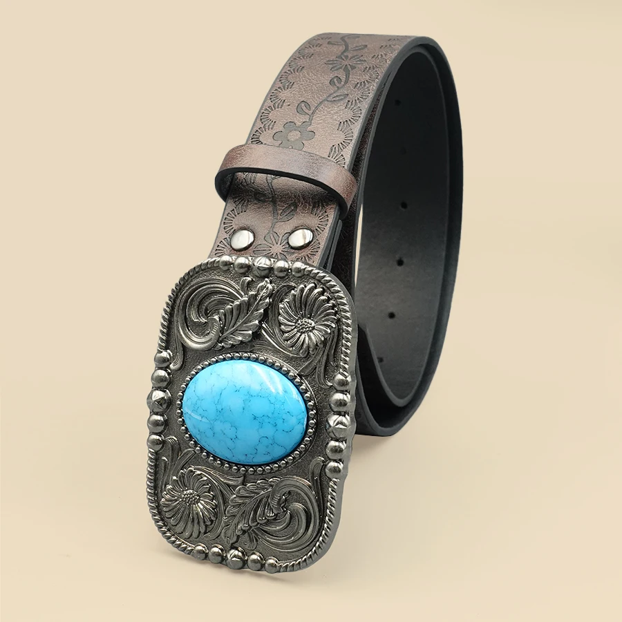 حزام نسائي غربي بني عتيق - إبزيم فيروزي أزرق منحوت، متعدد الاستخدامات للفساتين والجينز والقمصان