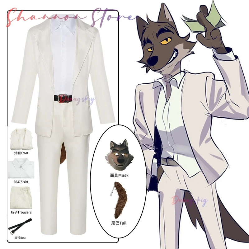 

Halloween Bad Wolf Cosplay Guys Costume Wolf Hood/Wolf Tail Full Set Accessory Halloween Disguise Suits White Unisex Outfit