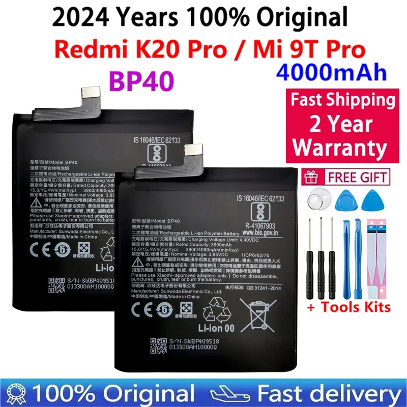 

100% Original Battery For Xiaomi Redmi K20 Pro / Mi 9T Pro 3900mAh BP40 Replacement Li-ion Polymer Phone Battery Repair Parts