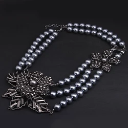 Party Jewelry Big Black Rose Flower Dark Gray Faux Pearl Ball Beaded 3 Strand Layer Bib Bridesmaid Statement Necklace for Women