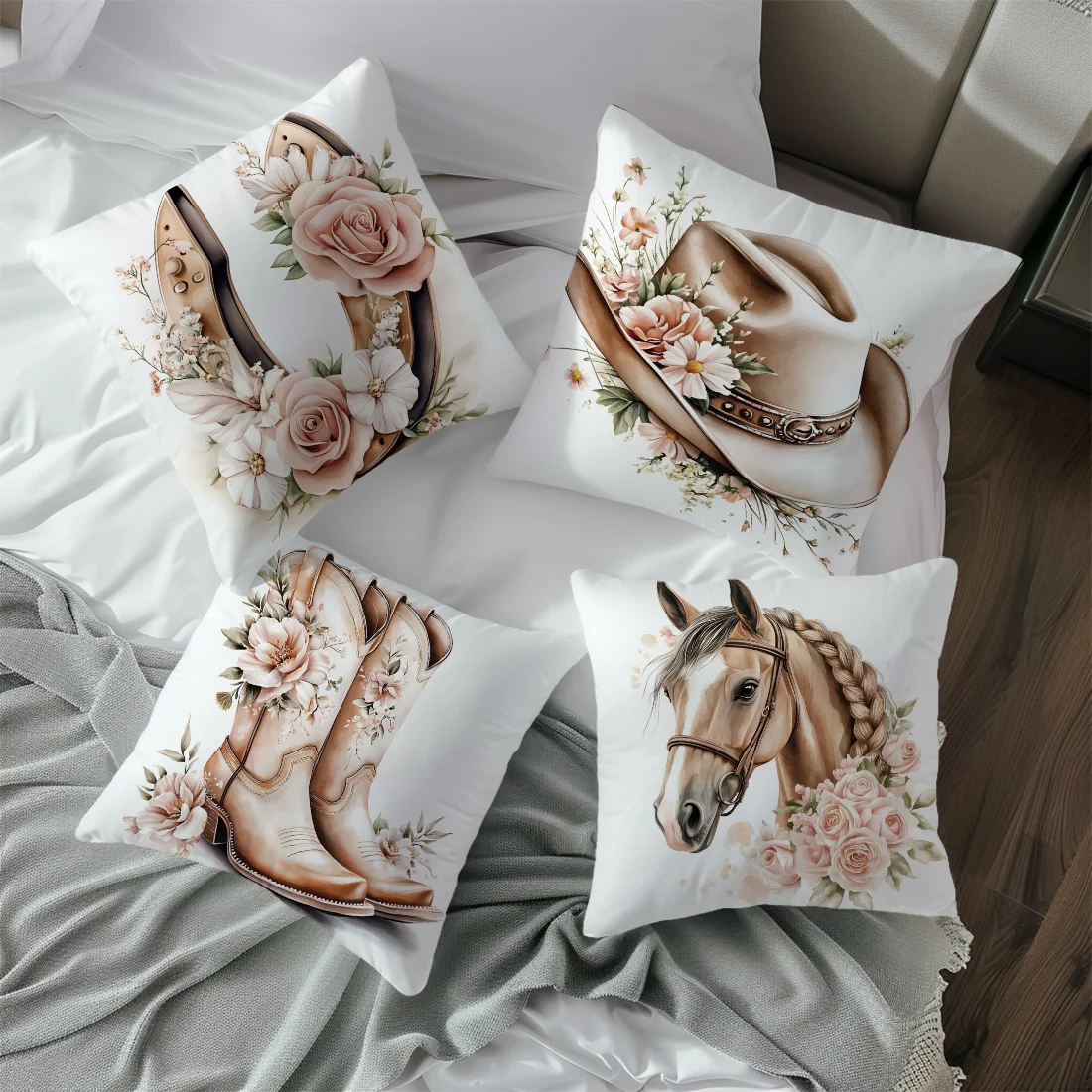 Western Cowboy and Horse Pink Flower Design Throw Pillow Sofa Bed Living Room Office Beach Theme Decor