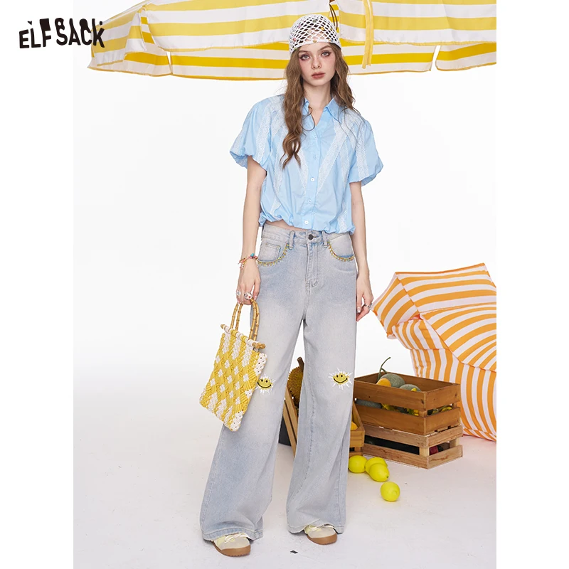 ELFSACK 2025 Summer New Arrivals Lace Patchwork Bubble Sleeves V-Neck Short Sleeve Shirt For Women