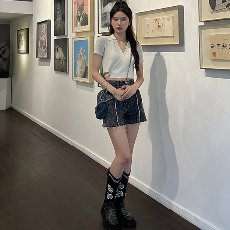 ضمادة تي شيرت المرأة اقتصاص سليم مثير الترفيه موضة جديدة الخامس الرقبة الكورية نمط الفتيات الساخنة بسيطة نقية الأساسية كل مباراة الصيف