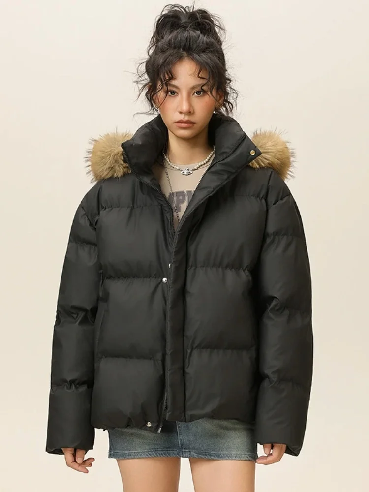 フード付き厚手暖かいジャケット女性のカジュアルだぶだぶのファッション冬チャケタスジッパーファースタンドカラールーズショートジャケタス