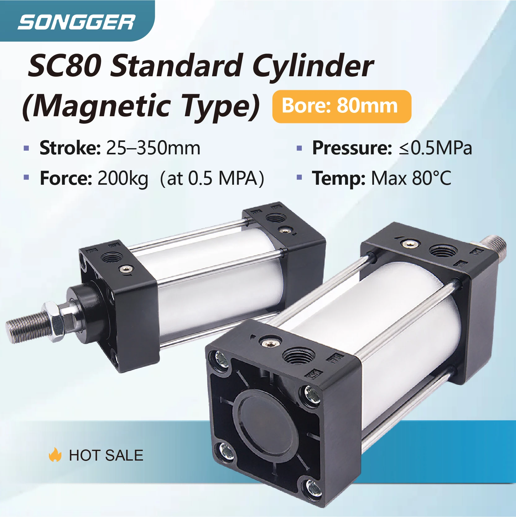 80mm Bore 200kg Force 25-350mm Stroke Tie Rod Magnetic Heavy Duty Adjustable SC80 Double Acting Pneumatic Cylinder