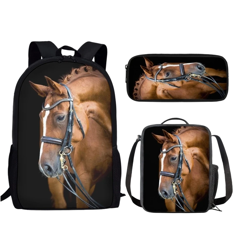 Sac à Dos d'École avec Imprimé 3D de Cheval Sauvage pour Enfant, Cartable de Grande Capacité pour Garçon et Fille, Adolescent, 3 Pièces/Ensemble