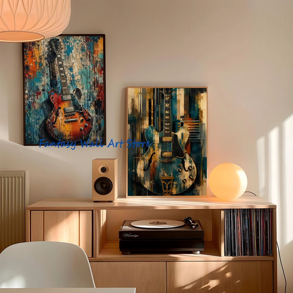 Acoustic Guitar Electric Guitar Colorful Abstract Watercolor Modern Music Instrument Poster Canvas Painting Wall Pictures Decor