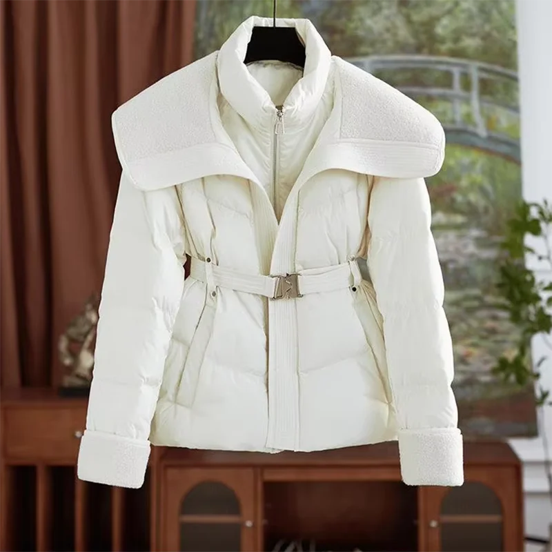 Doppelschichtiger Kragen Daunenjacke mit Baumwollpolsterung, kurzer Mantel für Damen, Winter, neuer Lammwolle, warmer Parka, Taille, lässige Baumwolljacke