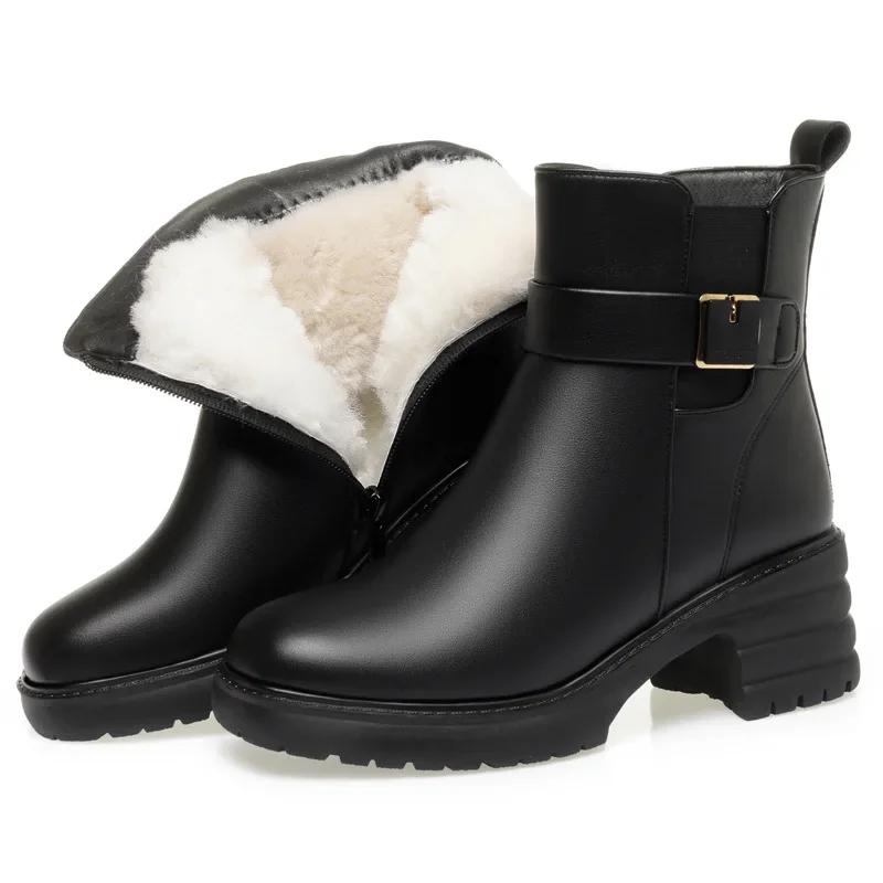 5cm Plus Size 35-43 Thick Bottom Platform Shoes Winter 2025 Med Square Heels Genuine Leather Boots Short Fur Ankle Botas Office