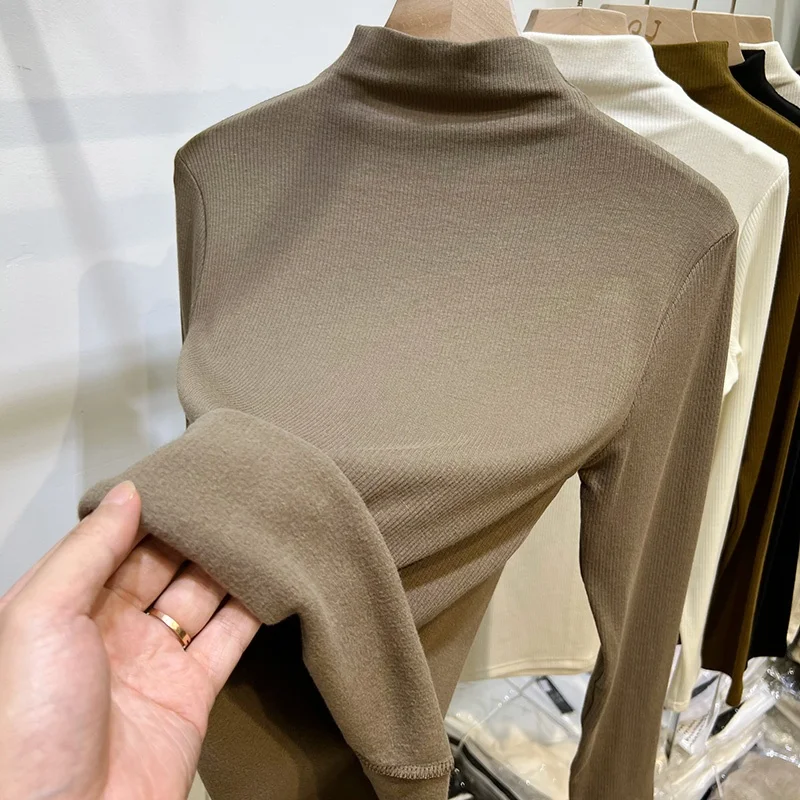 

Slim Fit Long Sleeve T-Shirt Women's Half High Collar Thin Fleece Inner Wear Base Shirt Top Winter Commute Style Pure Color
