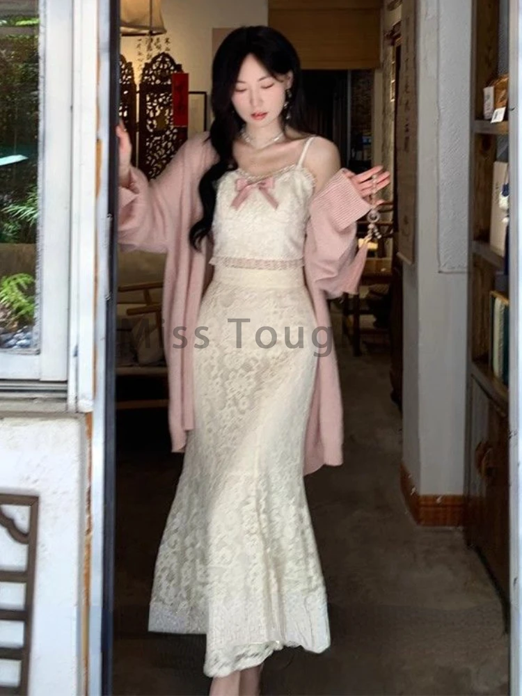 Autumn Lace French Sweet Two Piece Set Women Bow Patchwork Elegant Midi Skirt Suit Female Korean Fashion Vintage Set 2023 New