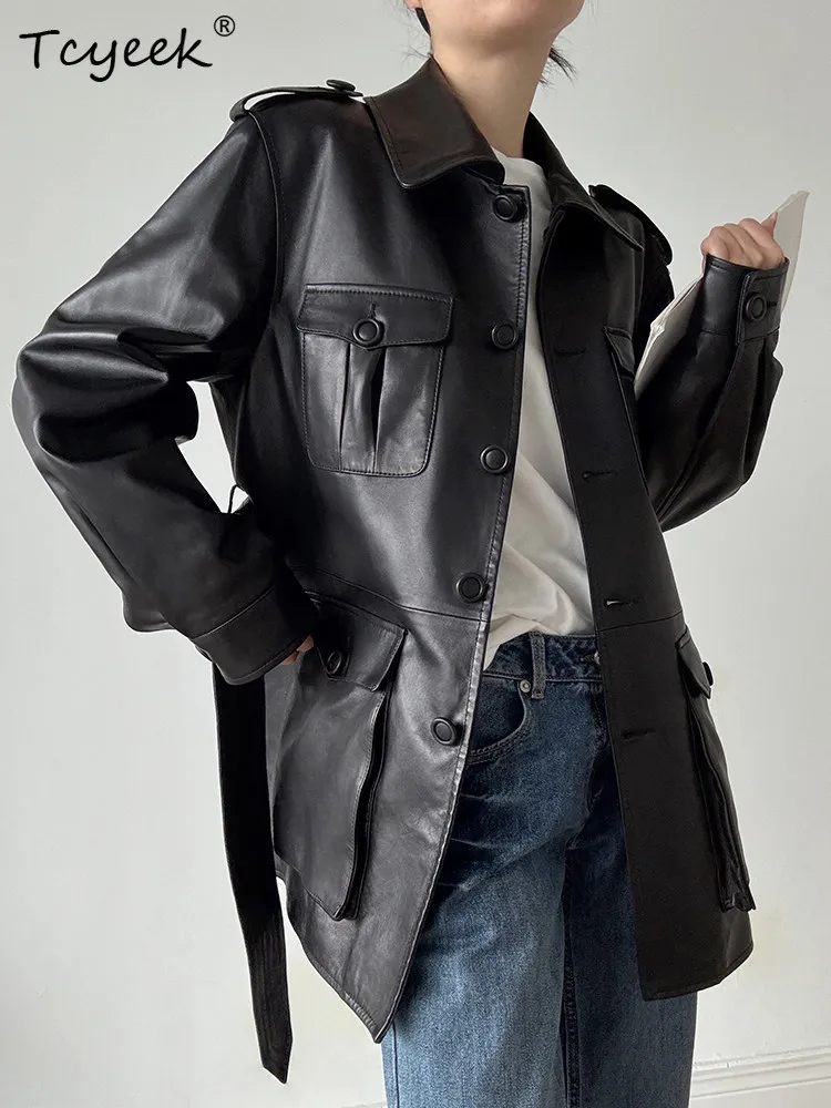 Tcyeek Echtes Leder Jacke Frauen Herbst Kleidung Echte Schaffell Mäntel Frau Gürtel Mid-länge Graben Mantel Halb Gemüse Bräunung