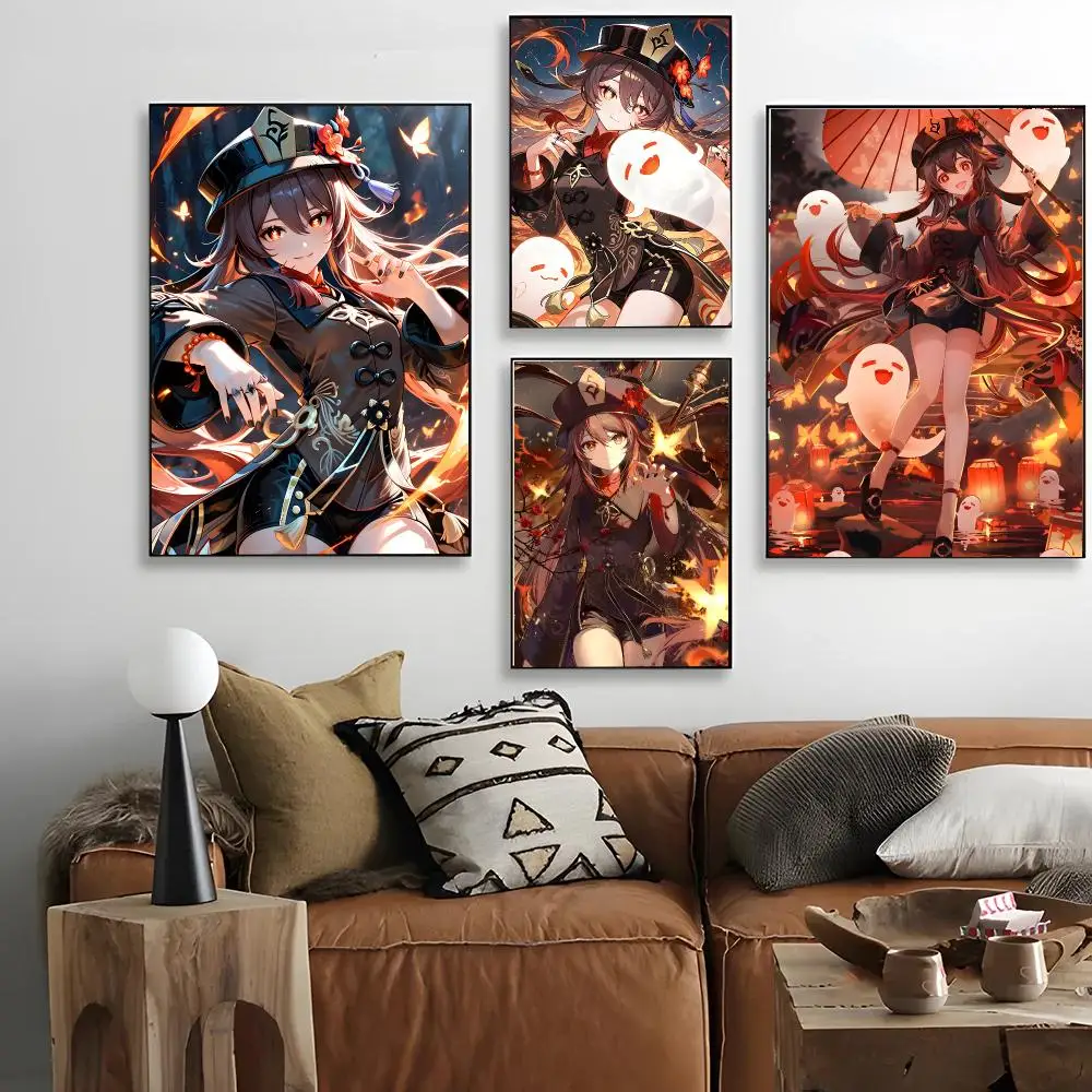 Hot Game G-Genshin I-Impact Hu Tao Cute Poster Easy Install Sticky Backdrop No Glue Needed Premium PP Material Indoor Decor