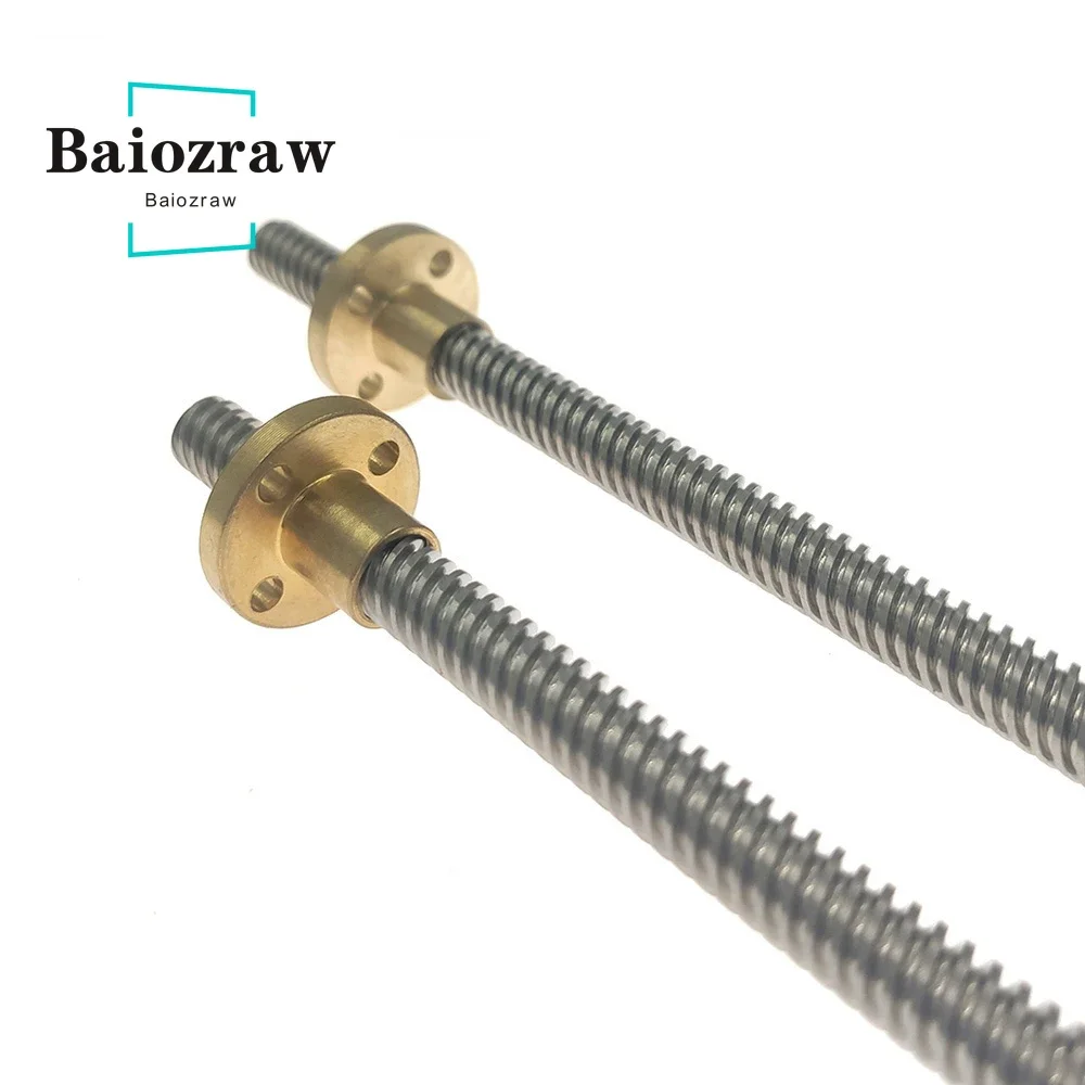 T8 Lead Screw Pitch 2mm Lead 8mm 304 Steel Length 150mm 200mm 250mm 300mm 350mm 400mm 450mm 500mm with Brass Nut CNC 3D Printer