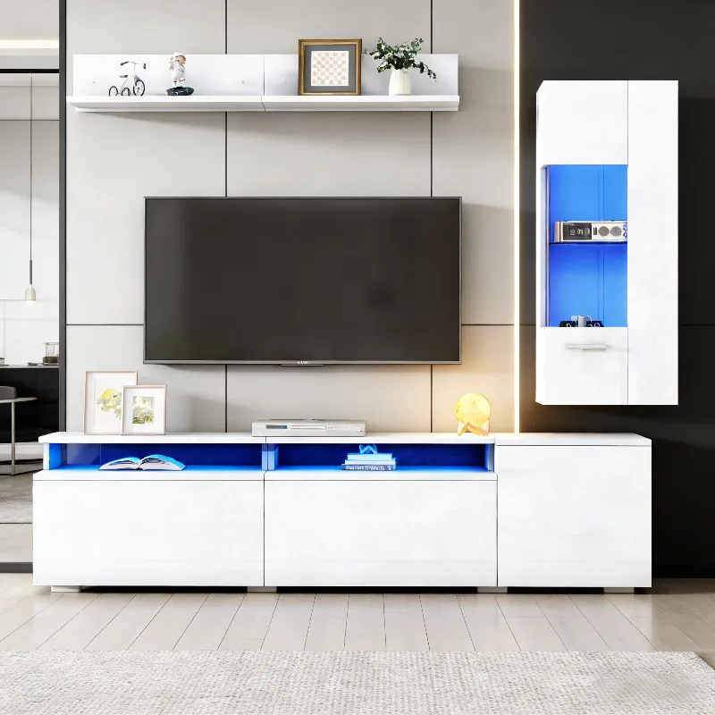 Ensemble mural TV 3 pièces blanc brillant LED : 1 meuble TV, 1 vitrine, 1 étagère suspendue pour téléviseurs de 80 pouces